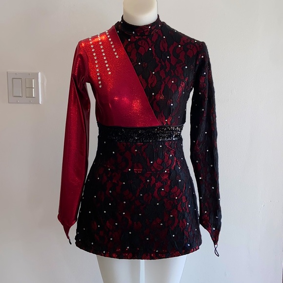 Romantic Gothic Black Lace & Diamond Detailed Deep Red Bodysuit Dress - Picture 3 of 12